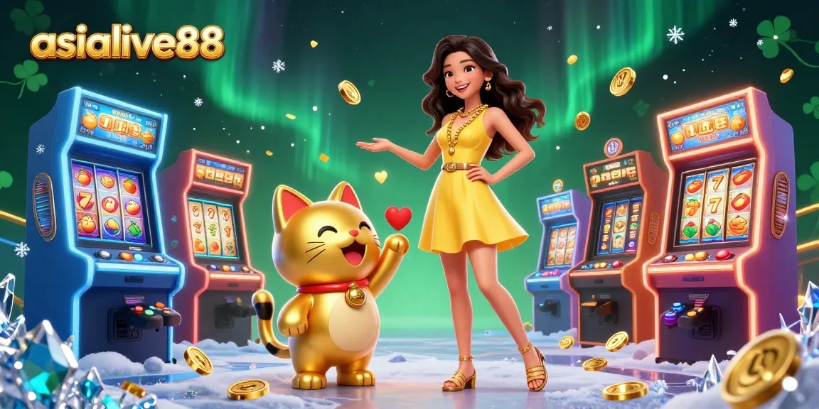 Spin to win at asialive88 with vibrant casino elements, a cheerful woman, and a lucky cat!