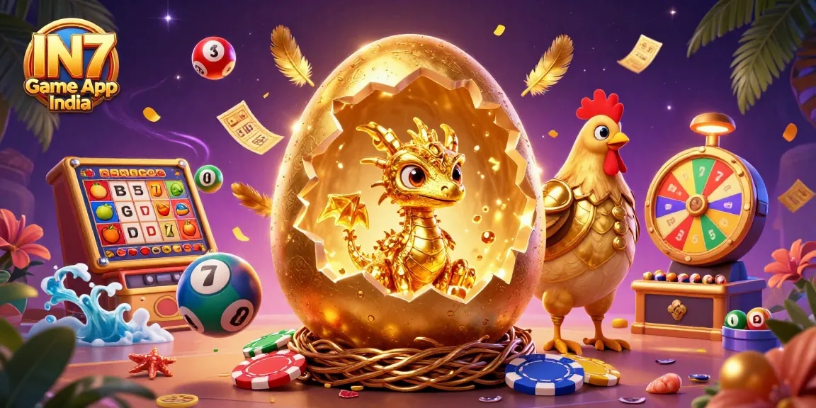 Experience the excitement with IN7 Game App India featuring a golden dragon and dynamic gaming elements.
