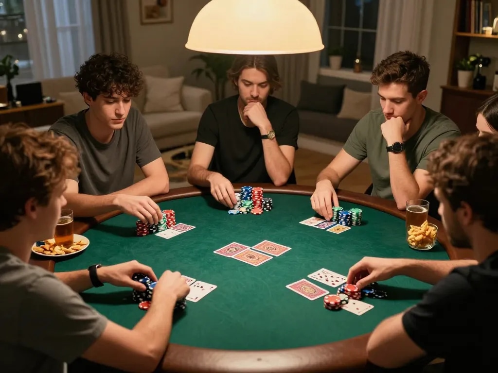 Pemain Kenzototo terlibat dalam kompetisi poker yang ramah di malam permainan di rumah, menampilkan interaksi strategis.