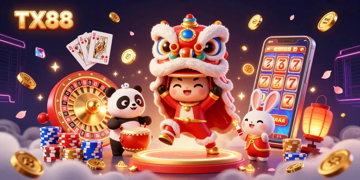 Experience the exhilarating TX88 online casino with festive characters and a vibrant gambling atmosphere.