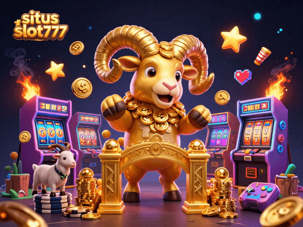 Engage with situs slot777 featuring a vibrant scene of a golden ram charging at a casino gate amid dynamic slot game elements.