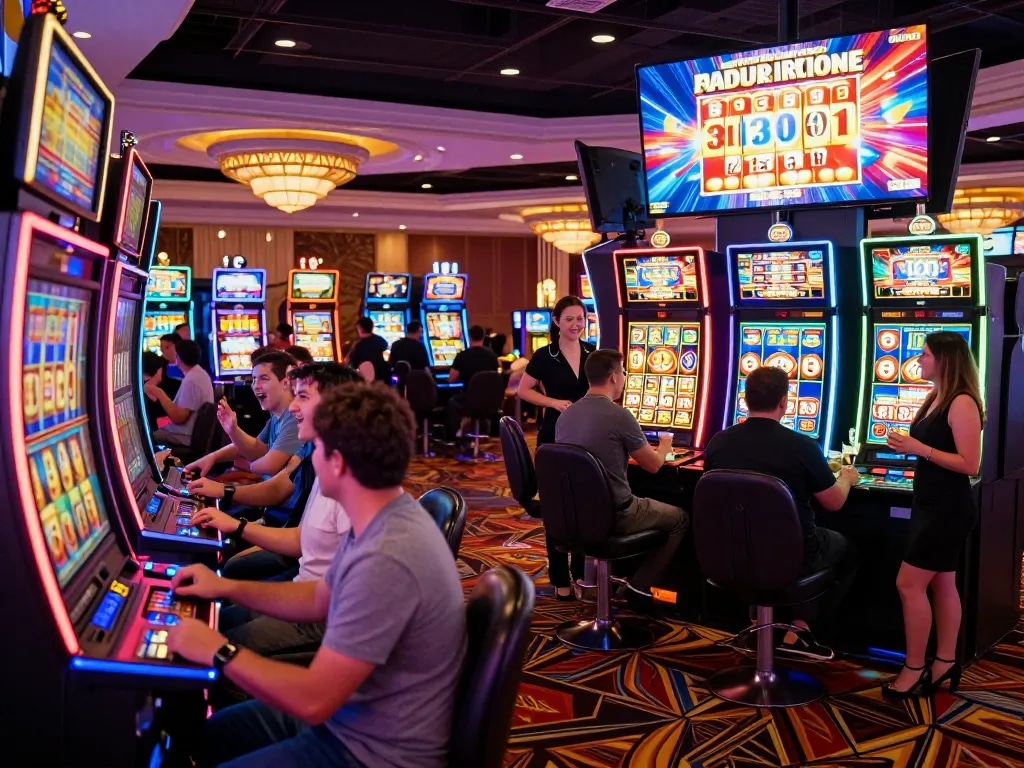 Exciting link slot gaming scene at a bustling casino with players celebrating wins.