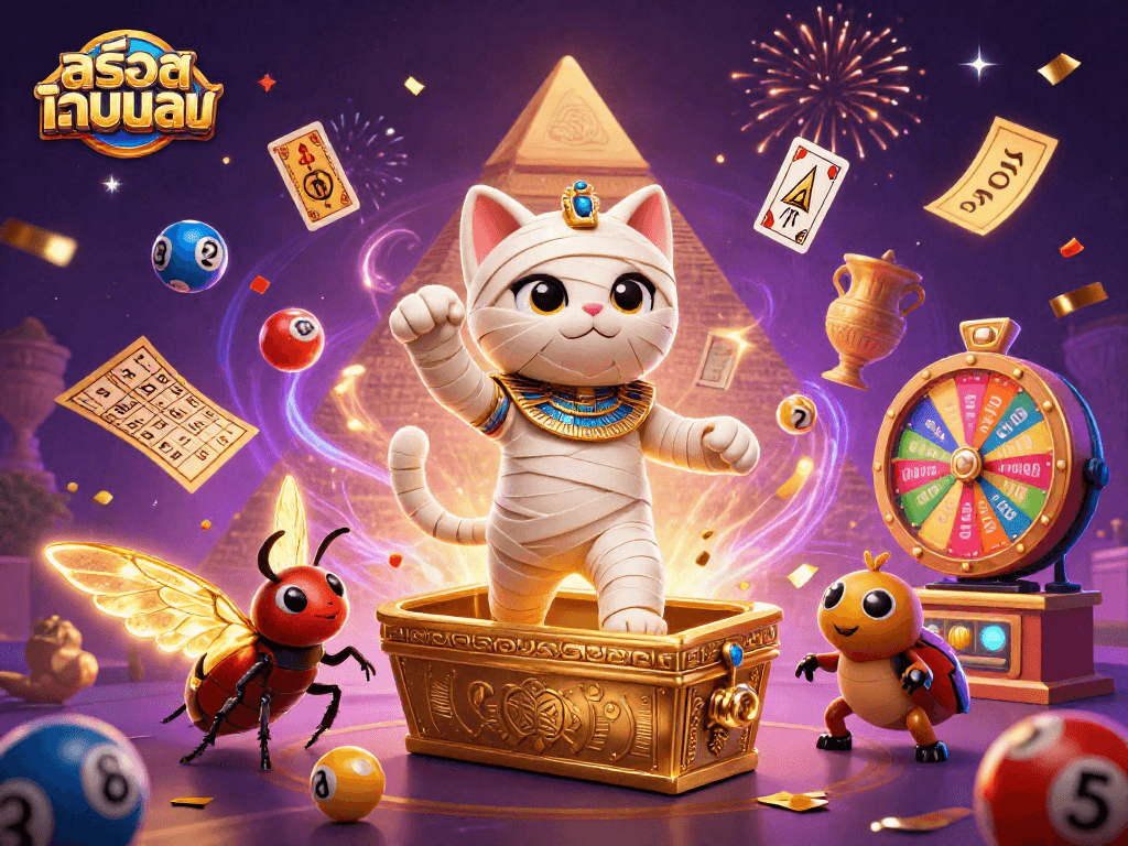Engage with สล็อตเว็บตรง as a vibrant 3D mummy cat bursts from a casino sarcophagus, radiating casino thrill.