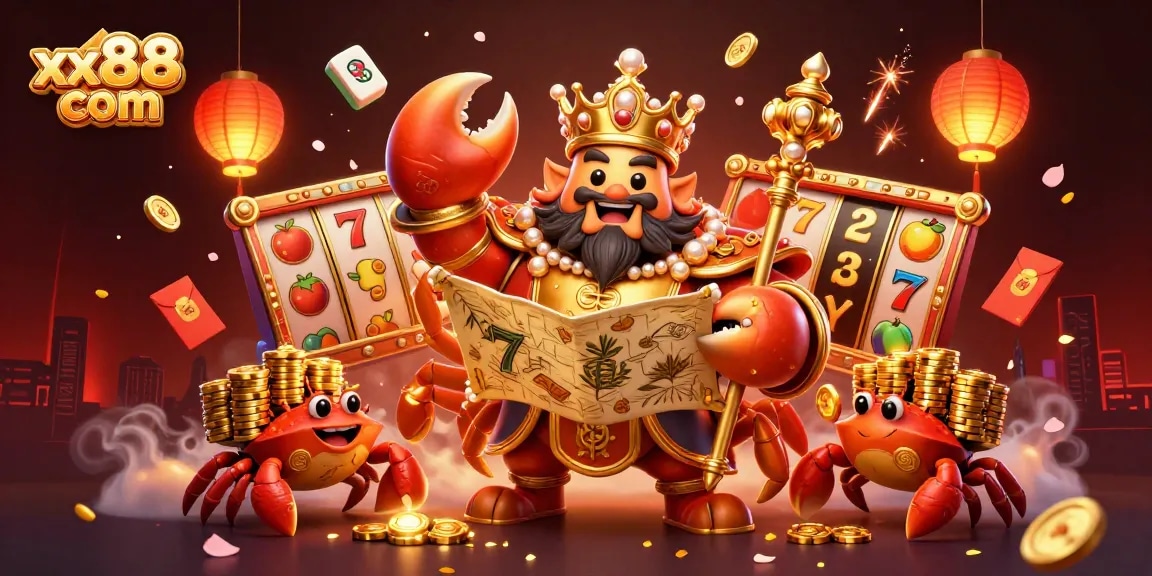 Experience gaming thrills with xx88 com as the golden crab emperor commands a vibrant casino treasure scene.