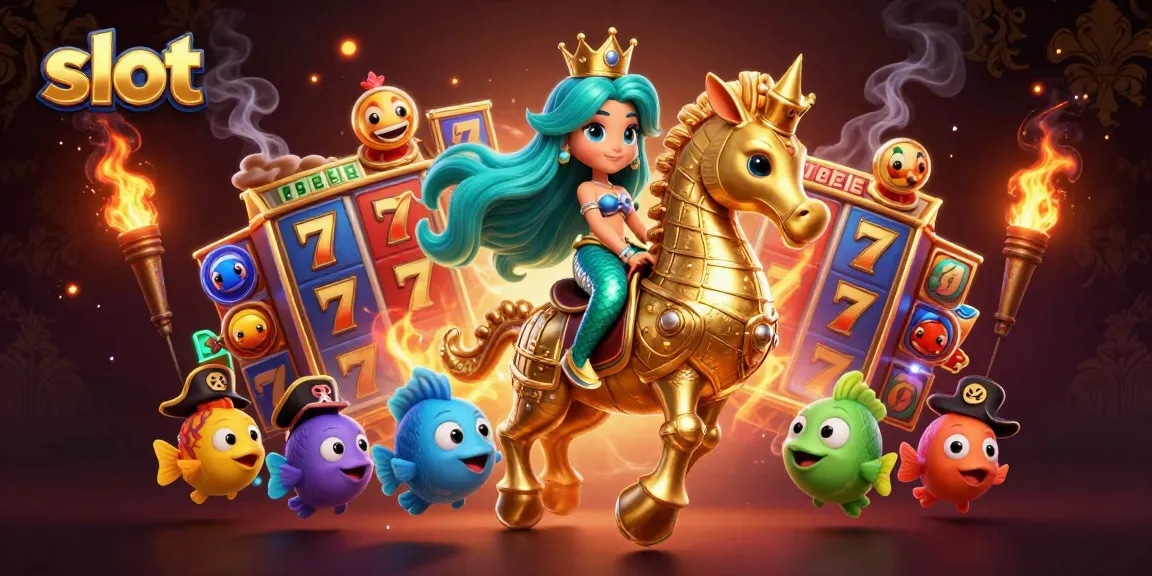Putaran slot dengan simbol keberuntungan dikelilingi karakter kartun yang berani dalam adegan kasino.