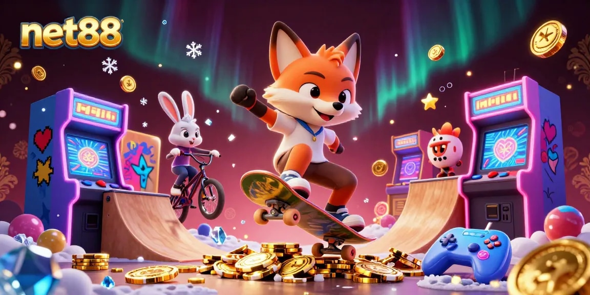 Experience thrilling gaming at net88 with colorful casino-themed 3D characters performing tricks.