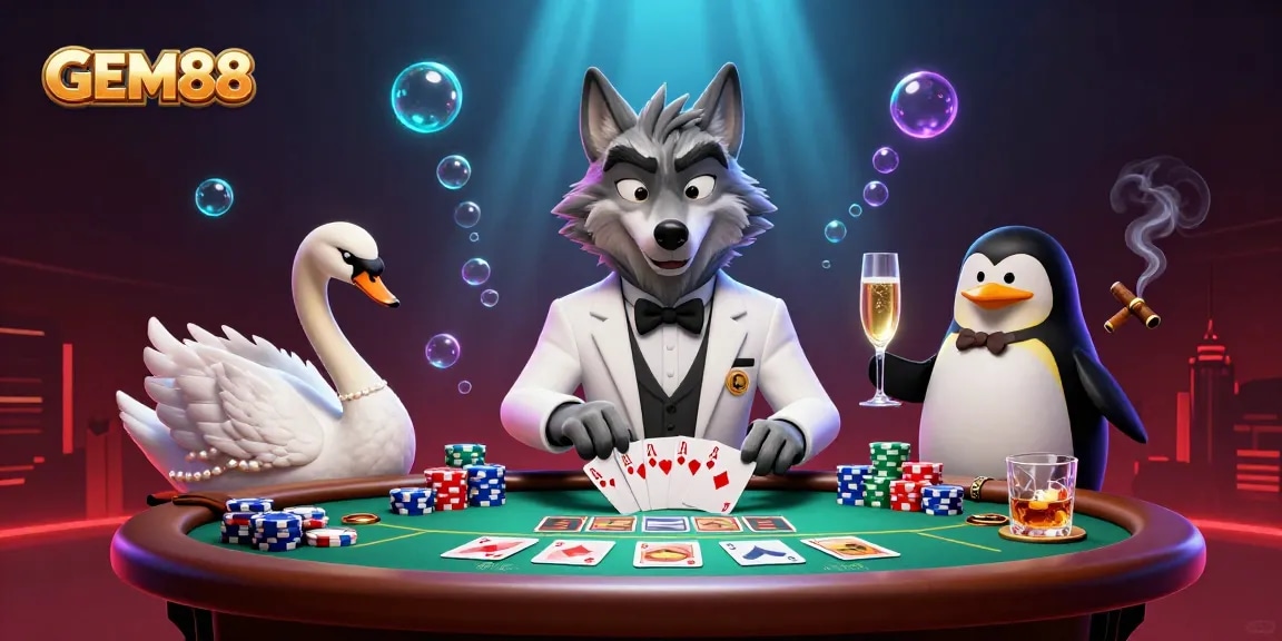 Engage with GEM88 in this vibrant casino scene featuring an elegant wolf, swan dealer, and penguin sommelier.