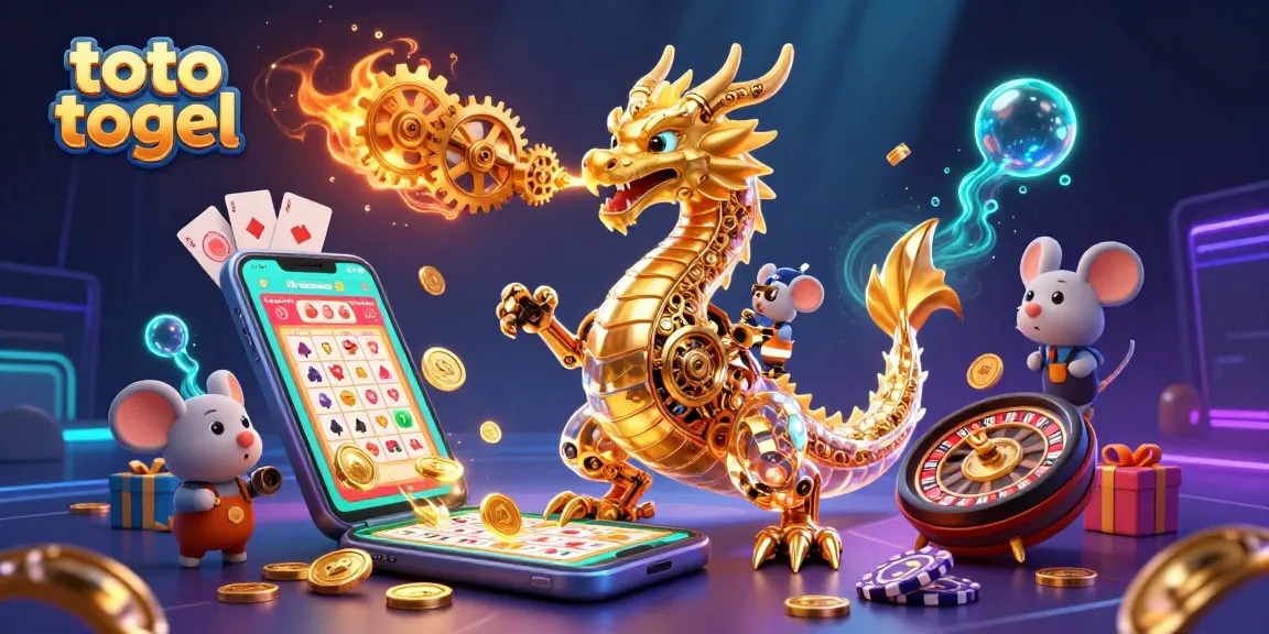 Toto togel players engaging with an interactive lottery game featuring a golden dragon and casino elements.