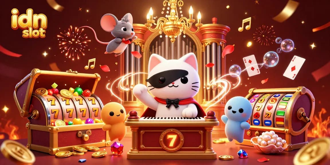 Spin the reels in the 'idn slot' illustration featuring vibrant slot symbols and captivating casino scenes.