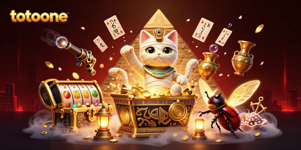 Mainkan permainan slot dengan totoone di kasino piramida yang dikelilingi harta karun dan kartu