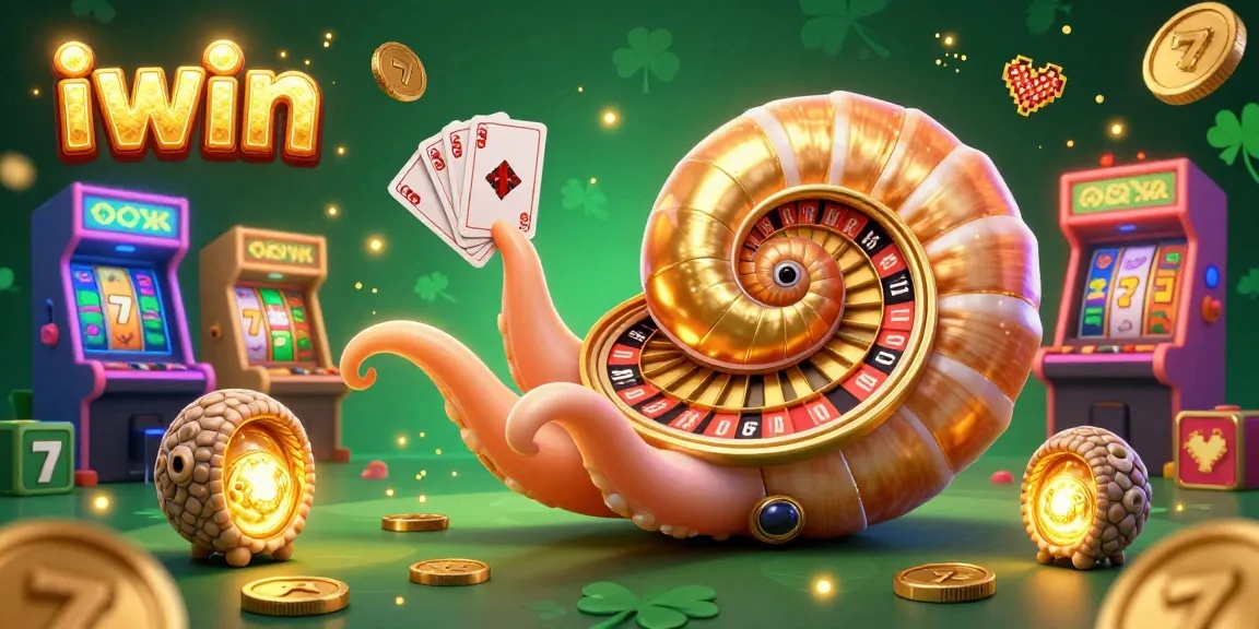 Spin to win at iwin with a giant nautilus roulette wheel amidst colorful jackpot games.