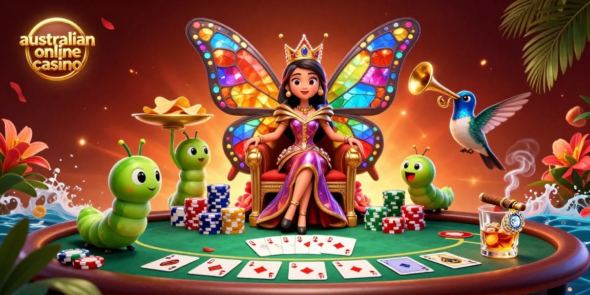 A stunning scene showcasing the Australian online casino theme, featuring a butterfly queen amidst poker elements, chips, and vibrant visuals.