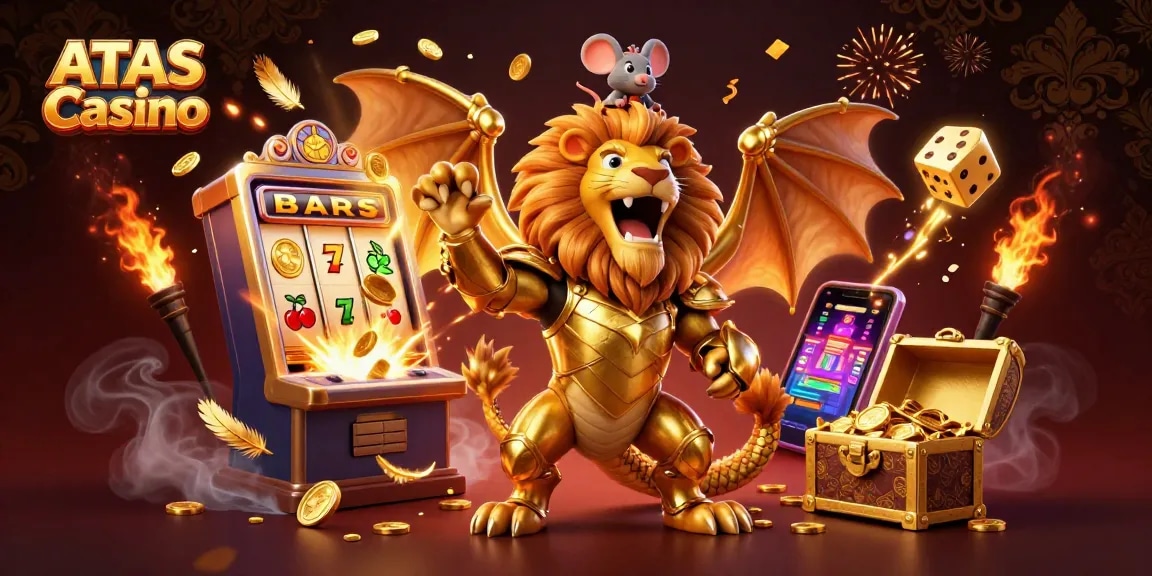 Experience the thrill of ATAS Casino with a dramatic 3D illustration showcasing exhilarating jackpot winning moments amidst dynamic gaming elements.