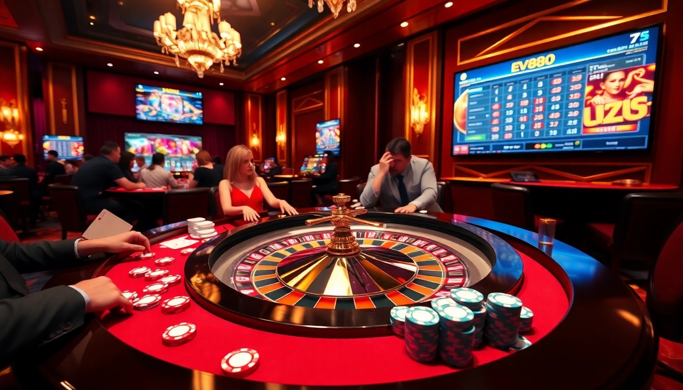 Ev88 casino players enjoying a thrilling game at a luxurious roulette table