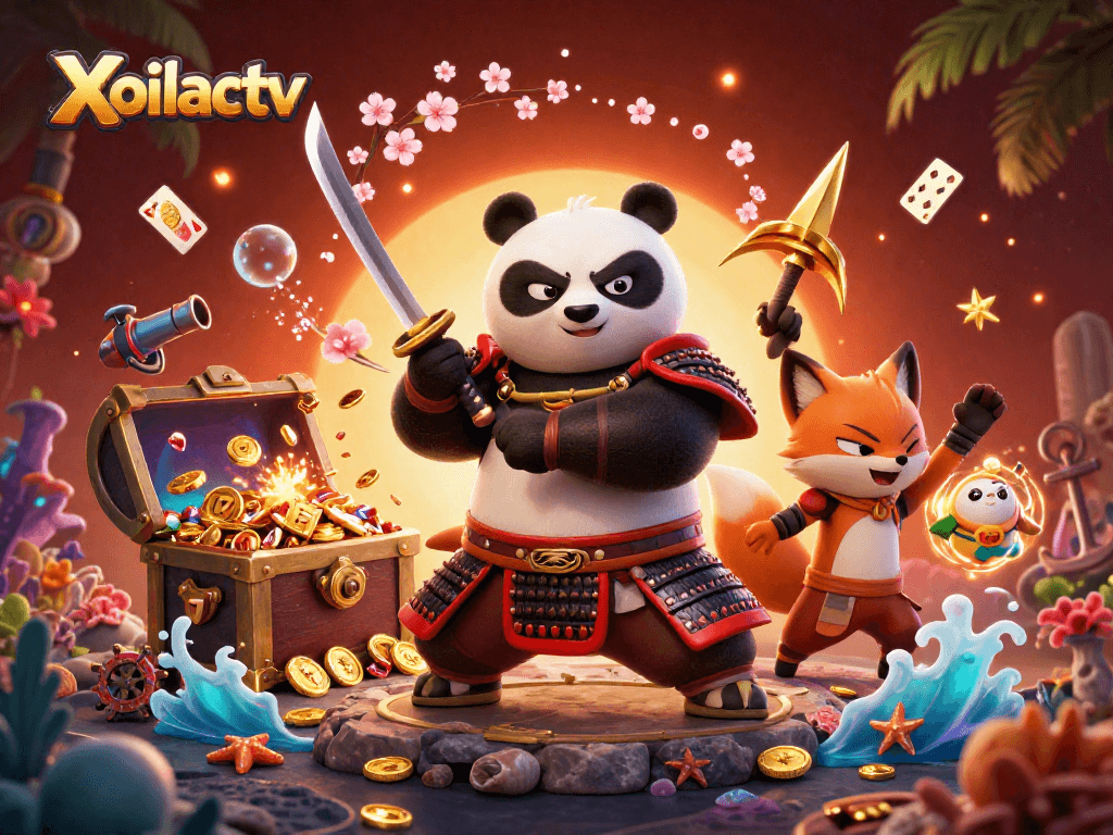 Xoilactv showcases a fierce samurai panda and ninja fox in a dynamic casino scene.