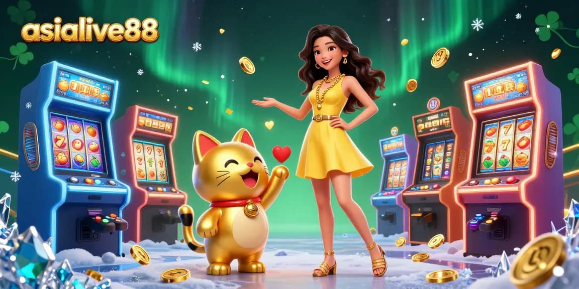 Spin to win at asialive88 with vibrant casino elements, a cheerful woman, and a lucky cat!