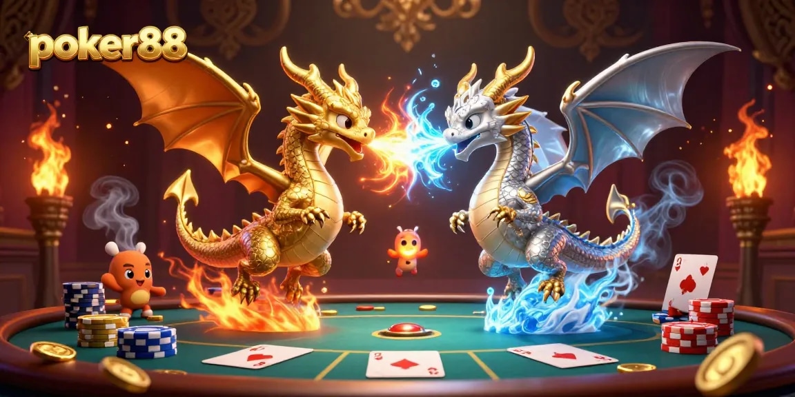 Permainan poker88 dengan dua naga kartun terbang, kartu dan chip, menunjukkan keberuntungan dalam perjudian.