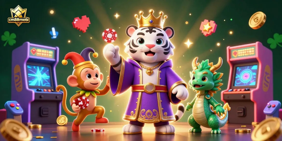 Experience winning thrills at cm88mobi with an engaging casino-themed illustration showcasing classic gaming elements.