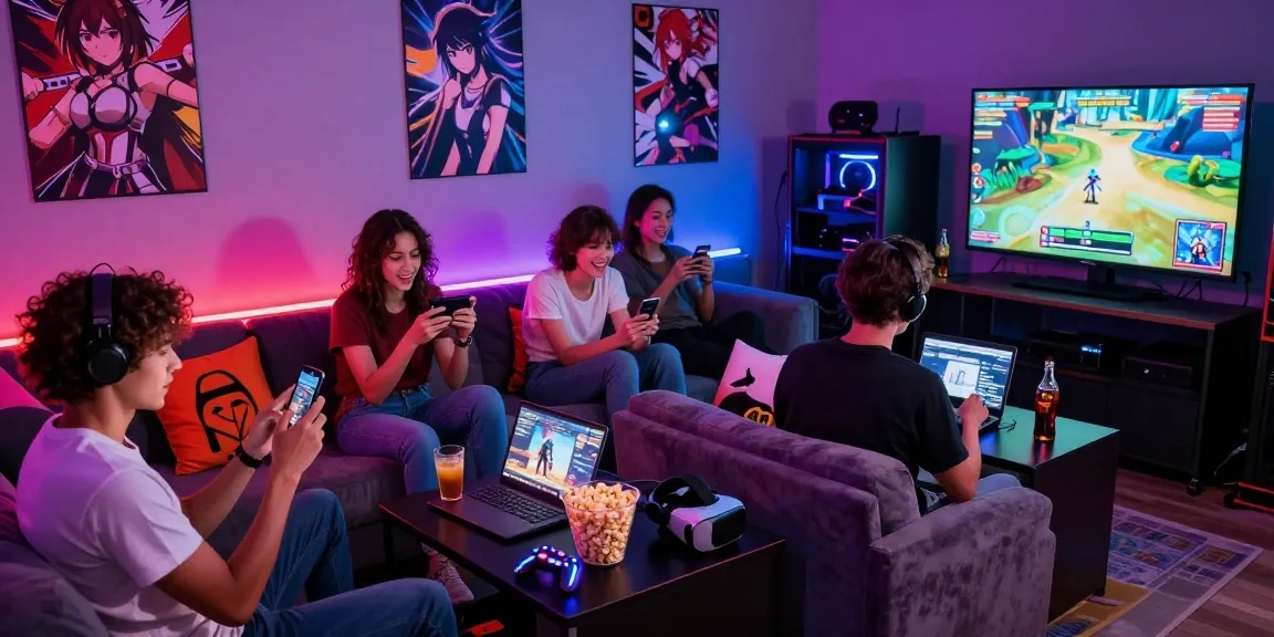 Friends enjoying hentai games in a vibrant gaming lounge with snacks and LED lights.