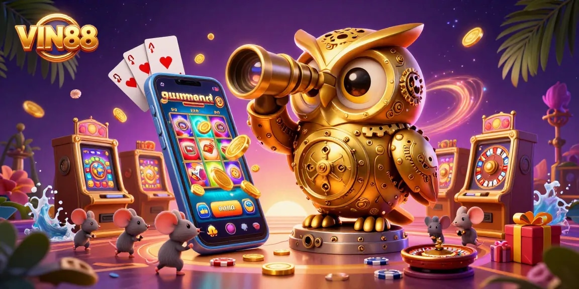 Experience thrilling gameplay at VIN88 with a golden owl overseeing an exciting casino scene.