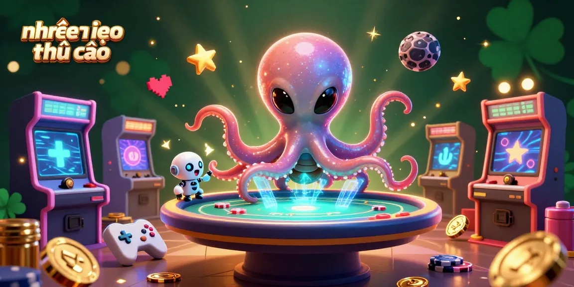 Engage with nhận định kèo nhà cái insights through a lively 3D casino-themed illustration featuring an alien octopus and a robot companion.