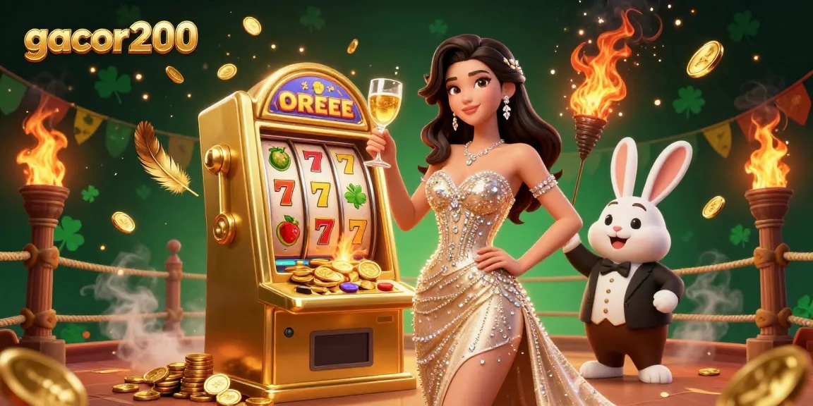 Experience excitement with gacor200's jackpot scene, featuring elegant characters beside a golden slot machine.