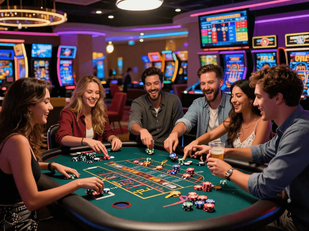 Exciting scene at a credit card casino with friends enjoying roulette and vibrant casino ambiance.