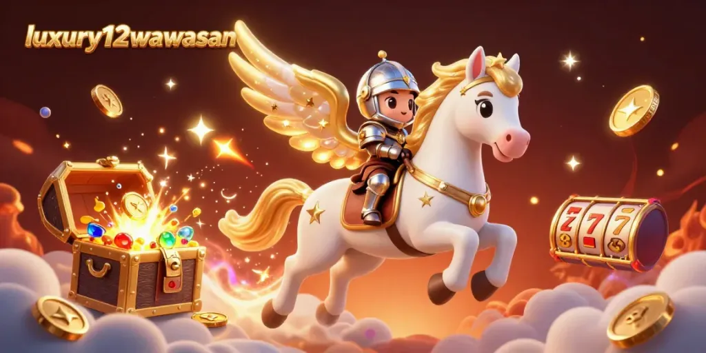 Experience thrilling gameplay with luxury12wawasan as a celestial horse and knight encounter vibrant slot machines.