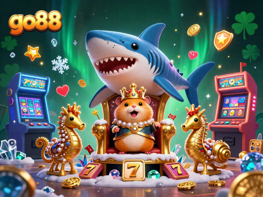 Experience the thrill of go88 with a vibrant casino scene featuring a hamster king and arcade elements.