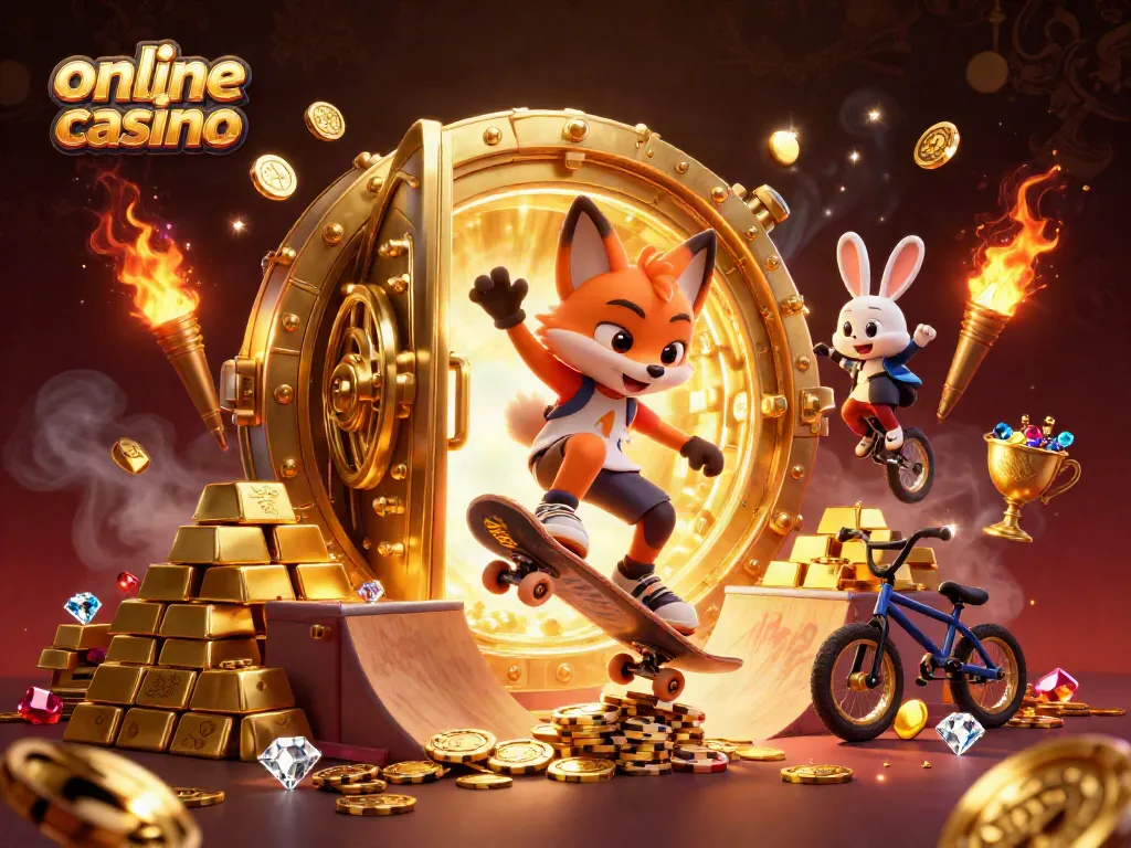 Experience the excitement of an online casino with a skateboarder fox and BMX rabbit in a vibrant scene.