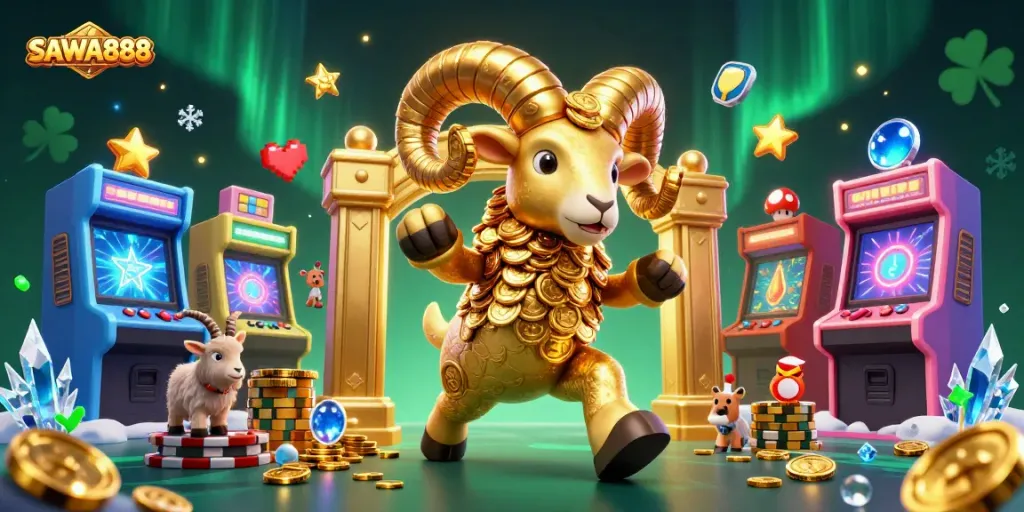 Engage in dynamic gameplay at SAWA888 with vibrant casino illustrations featuring golden gaming elements.