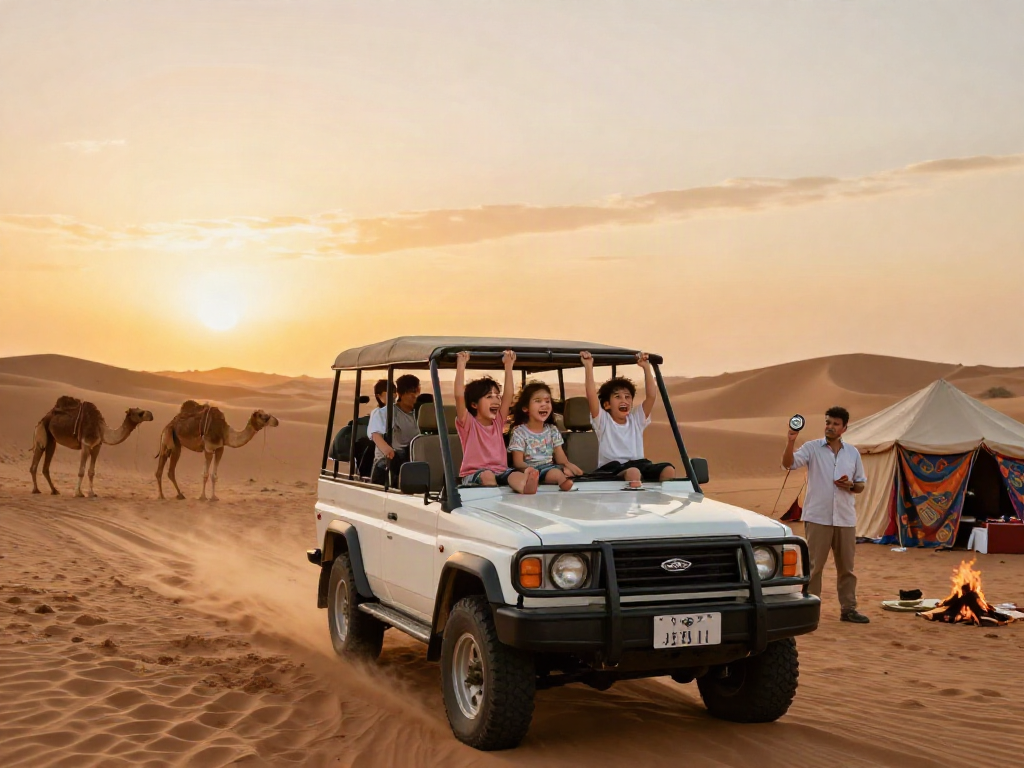 A family enjoying a desert safari tour at sunset, experiencing the thrill of the ride and the beauty of the landscape with sand dunes.