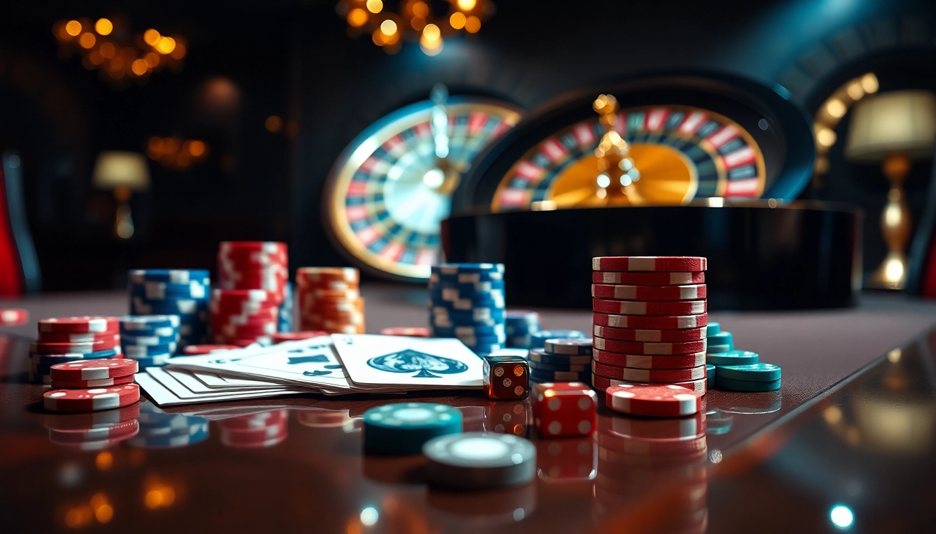 Engaging lô kép 247 betting setup at a luxurious casino table with poker chips, dice, and cards.