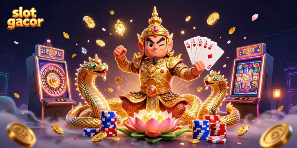 Experience the thrill of slot gacor with a vibrant guardian scene filled with golden riches and dynamic casino elements.