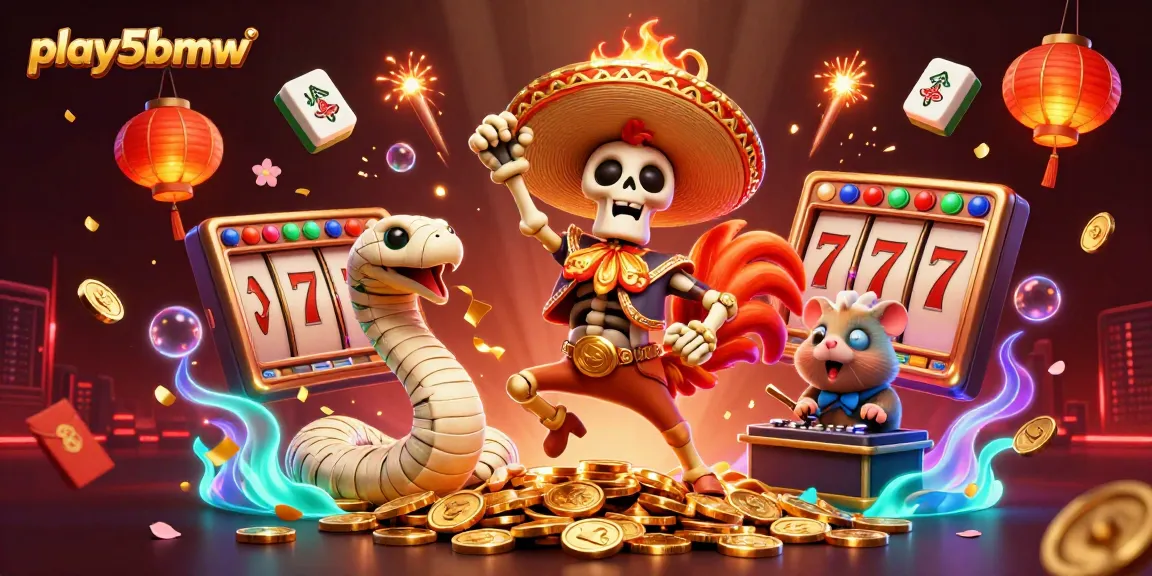 Experience play5bmw's thrilling victory scene with a mariachi rooster, mummy snake, and DJ hamster, amidst vibrant casino elements.