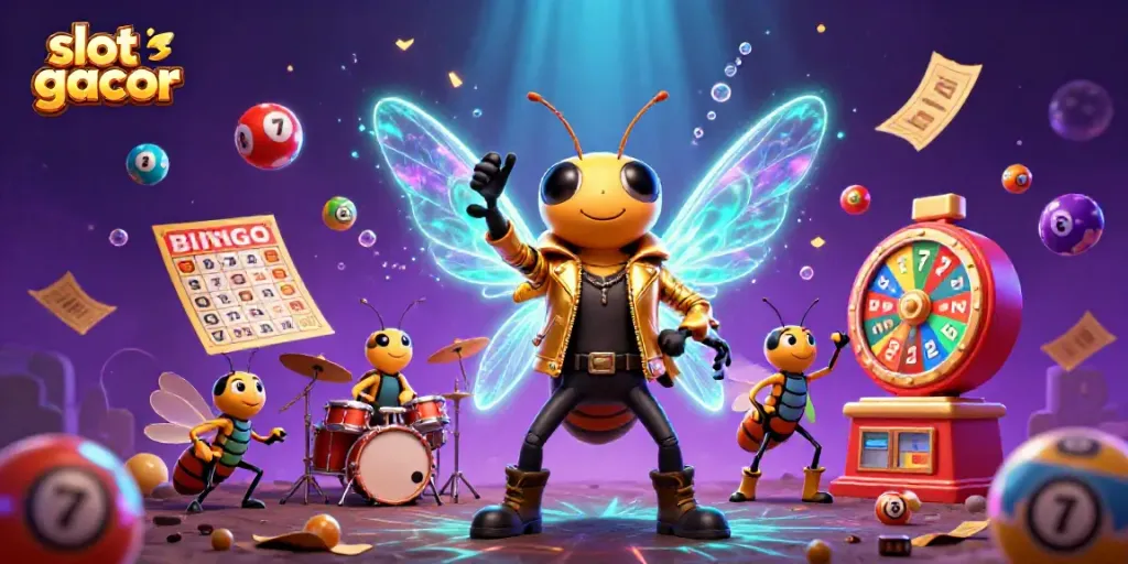 Engage with vibrant slot gacor action featuring a cicada rock star, lottery elements, and dynamic energy.