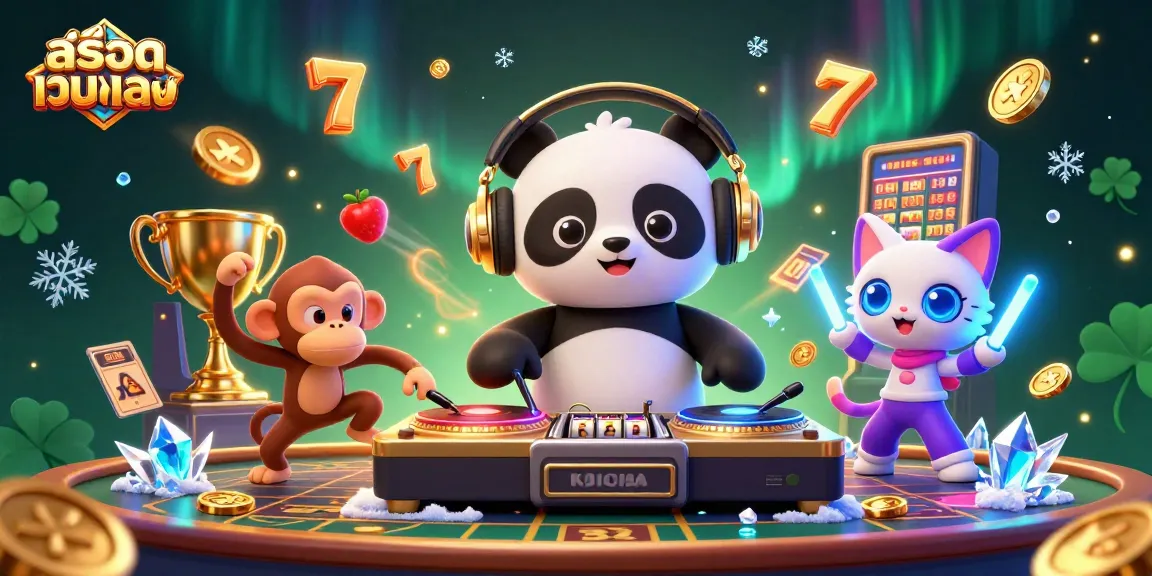 Engage with สล็อตเว็บตรง in this vibrant 3D scene showcasing a DJ panda with a breakdancing monkey and rave kitten.