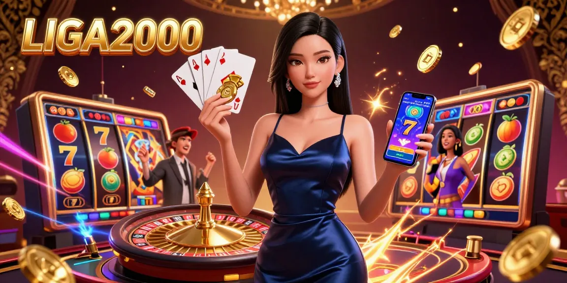 LIGA2000 menghadirkan wanita Asia yang menawan dalam suasana kasino, menampilkan mesin slot, chip, dan energi dinamis.