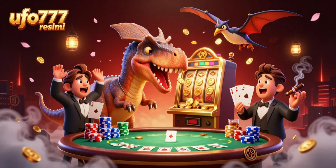 Engage with ufo777 resmi at a dynamic casino scene featuring a pachycephalosaurus, slot machine jackpot, and coins flying.