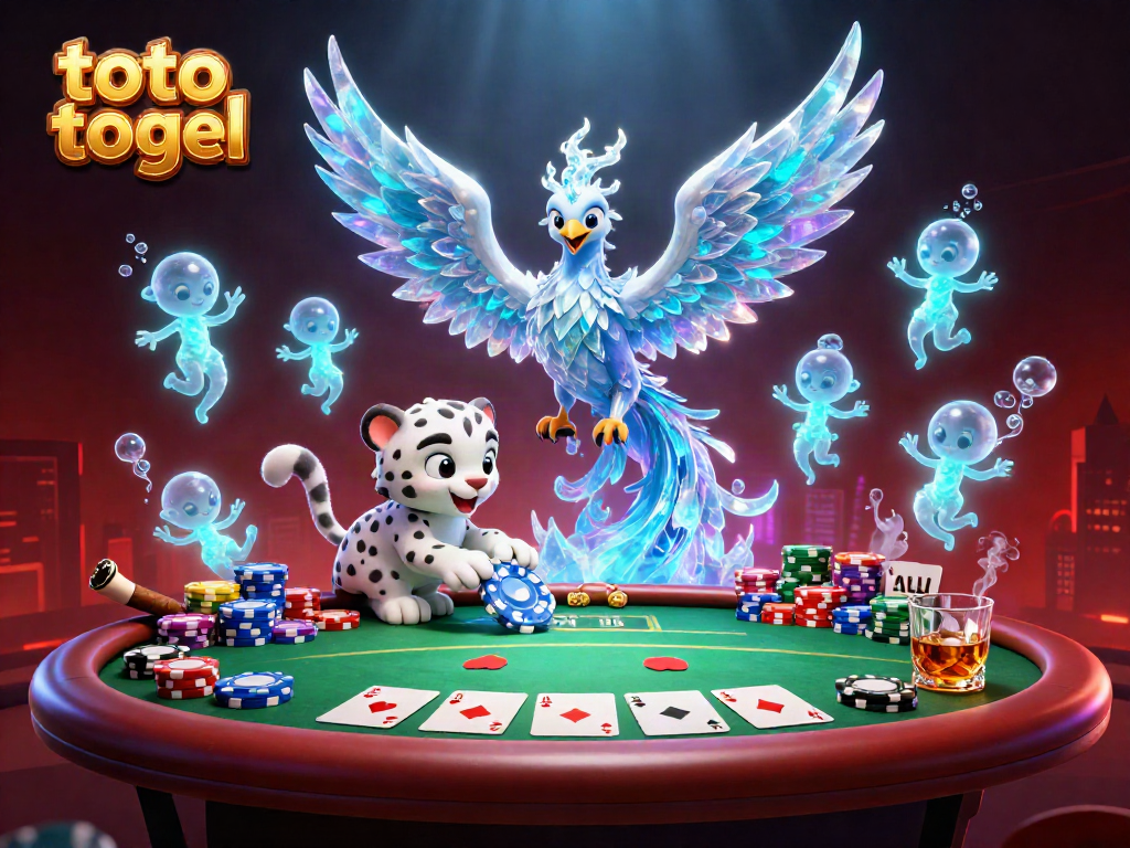 Engage in thrilling toto togel action with an ice phoenix and snow leopard in a vibrant casino scene.