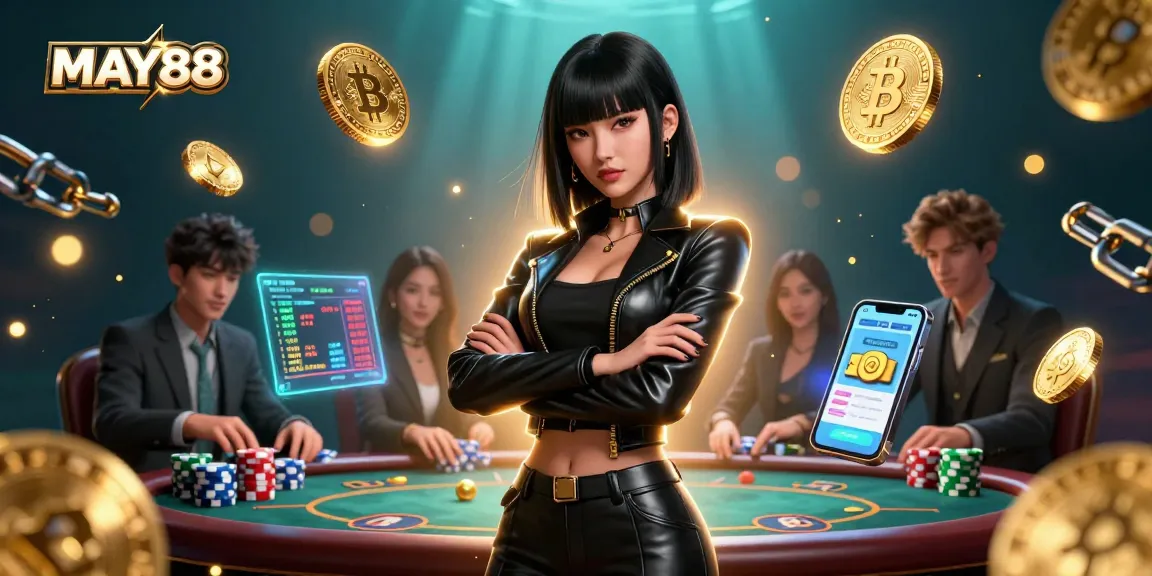 MAY88 enhances poker thrills with a powerful Asian woman and glowing crypto elements in a dynamic scene.