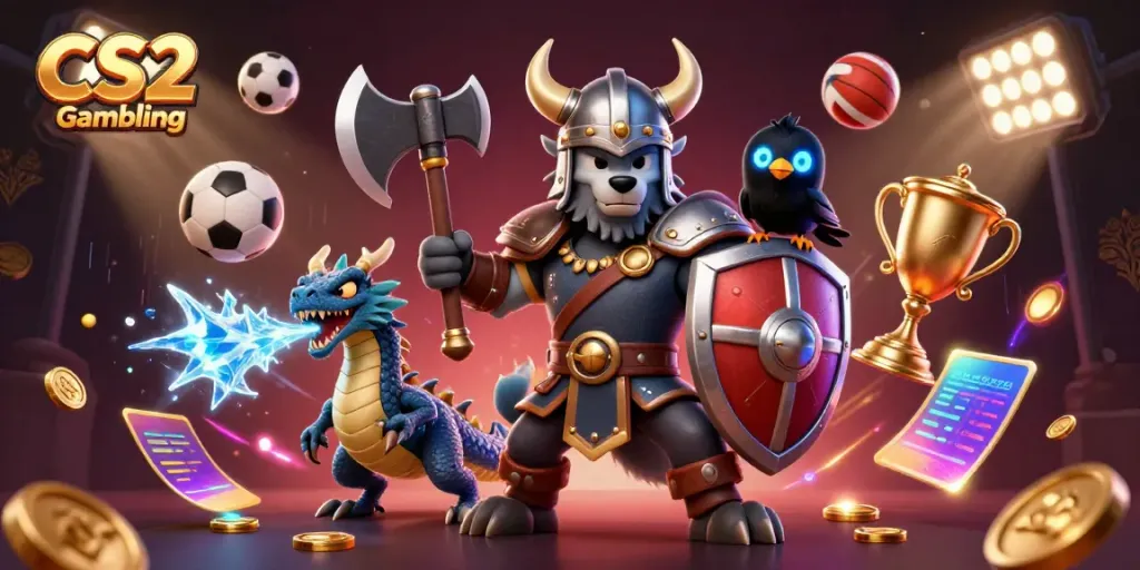 Viking wolf warrior in heroic pose leads fierce dragon and raven, celebrating CS2 Gambling.