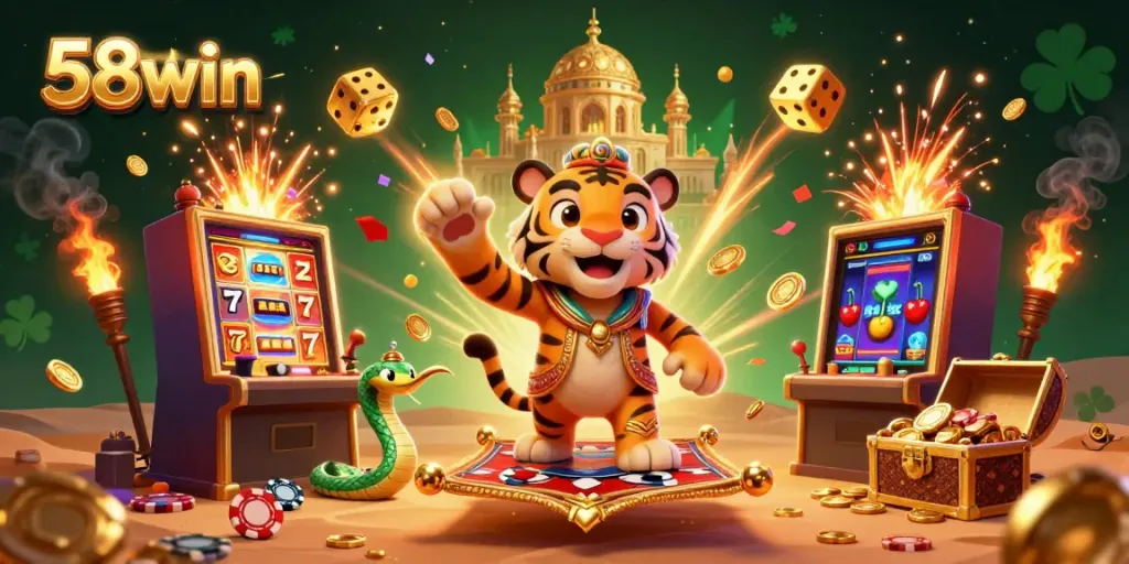 Experience the thrill of winning at 58win with a jackpot explosion and vibrant casino elements.
