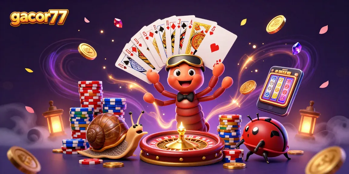 Permainan gacor77 menyajikan dealer kartun 3D sedang membagikan kartu dengan suasana mewah.