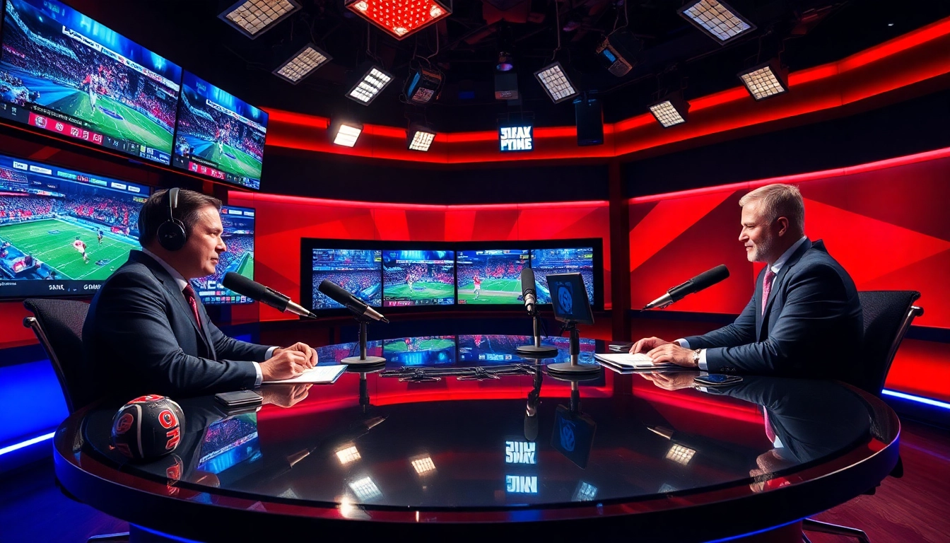 Dynamic sports broadcasting scene showcasing hosts engaging on air with vibrant technology.