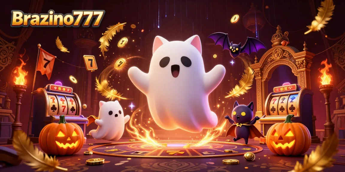 Brazino777 captures the excitement of a haunted casino with a ghost cat and vibrant gaming elements.