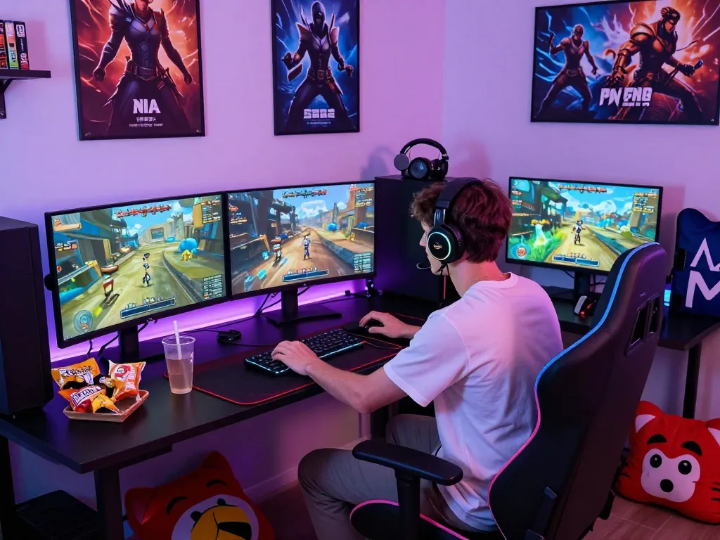 Excited gamer enjoying a porngame in a high-tech gaming room.