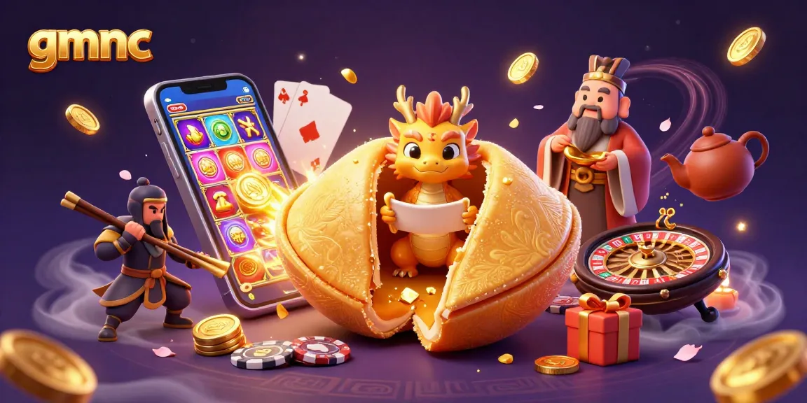 Spin and win with gmnc's vibrant 3D casino themed fortune cookie scene full of luck and rewards.