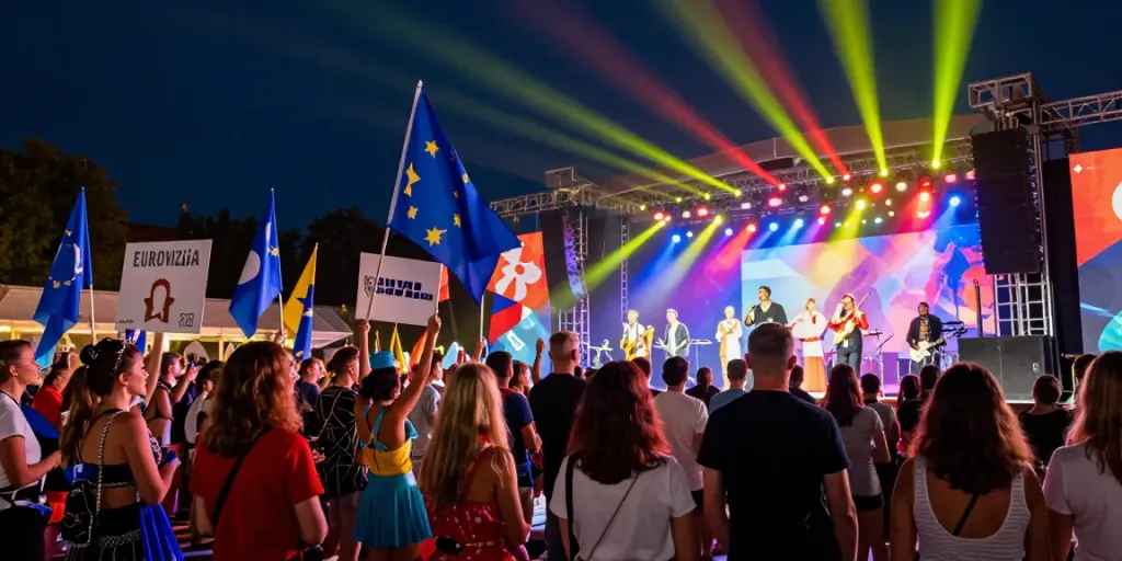 Excited crowd at a Eurovizija event supporting artists, showcasing festival atmosphere and culture, kurpramogauti.lt