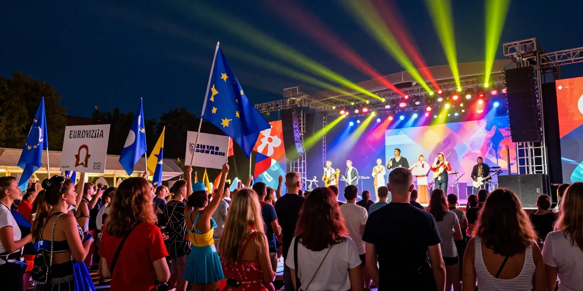 Excited crowd at a Eurovizija event supporting artists, showcasing festival atmosphere and culture, kurpramogauti.lt